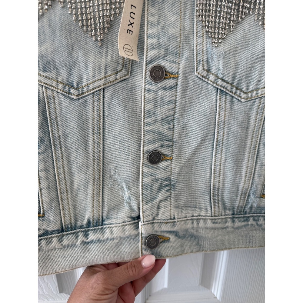 Saltwater Luxe XS Oversized Rhinestone Fringe Denim Jacket Western Festival NWT - Picture 4 of 8